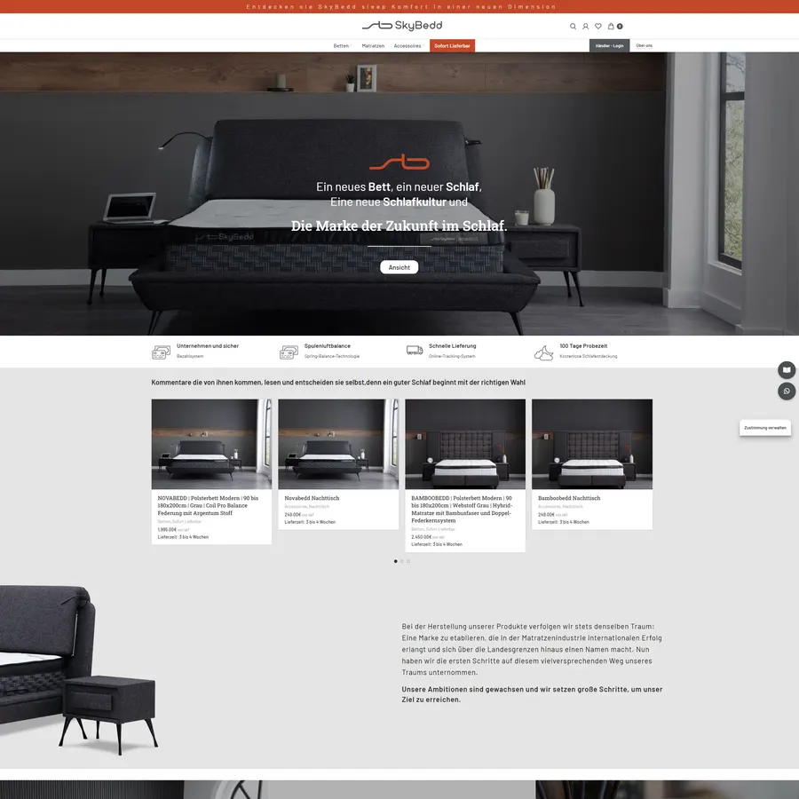 Screenshot der Webseite von SkyBedd